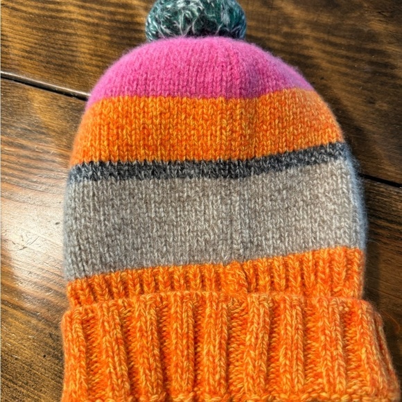 Polo Ralph Lauren Striped Pom-Pom Hat. Beanie pink/orange/gray 100% wool Italy - Picture 3 of 7